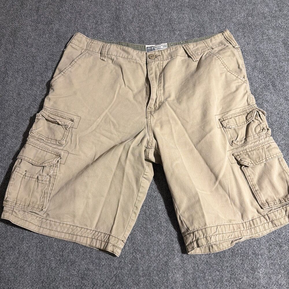 Vtg Iron Cargo Shorts Mens 38 Beige Baggy 100% Cotton Pockets Hiking Work Y2K